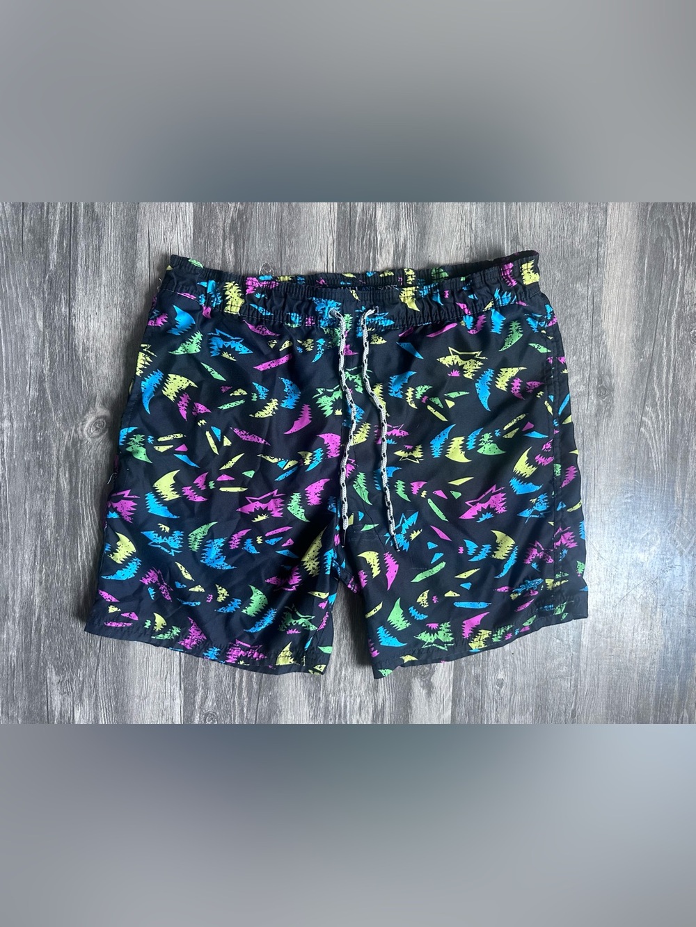 Maui and Sons Black Swim Trunks with Neon Blue Pink Yellow Green Print
